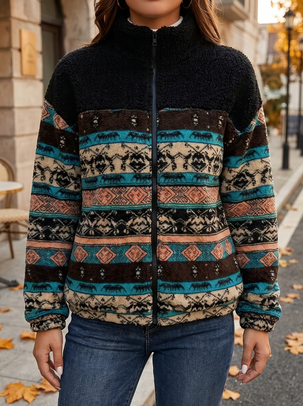Striped Aztec Sherpa Jacket - Onyx Stripe