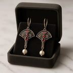 Retro Earrings with Red Crystal and Pearls