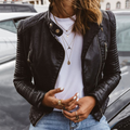 Women's Biker Jacket with Ribbed Sleeves - Black