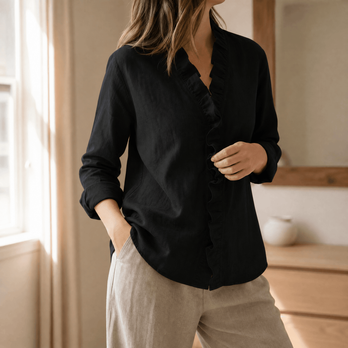 Women's Ruffle Neck Long Sleeve Blouse