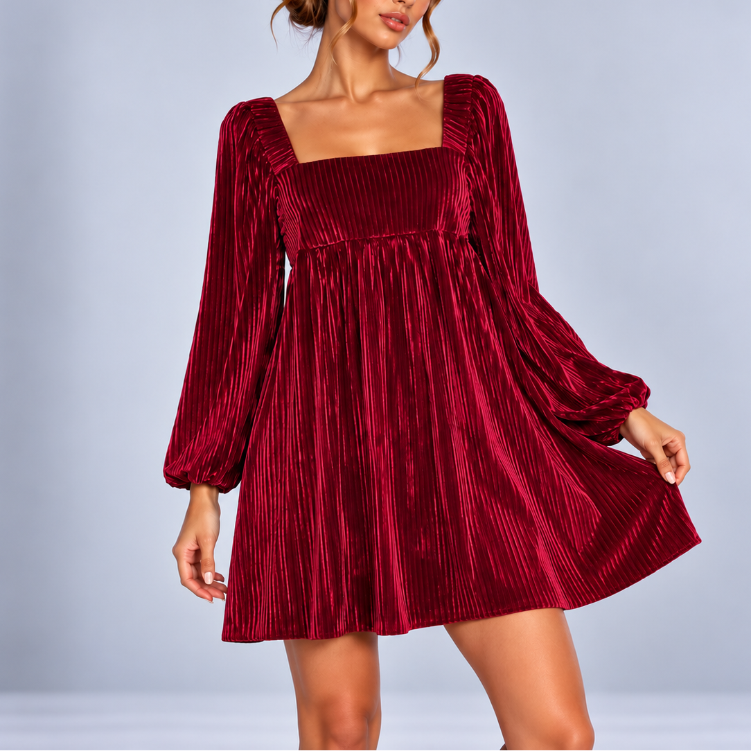 Rhea | Square Neck Long Sleeve Velvet Christmas Mini Dress