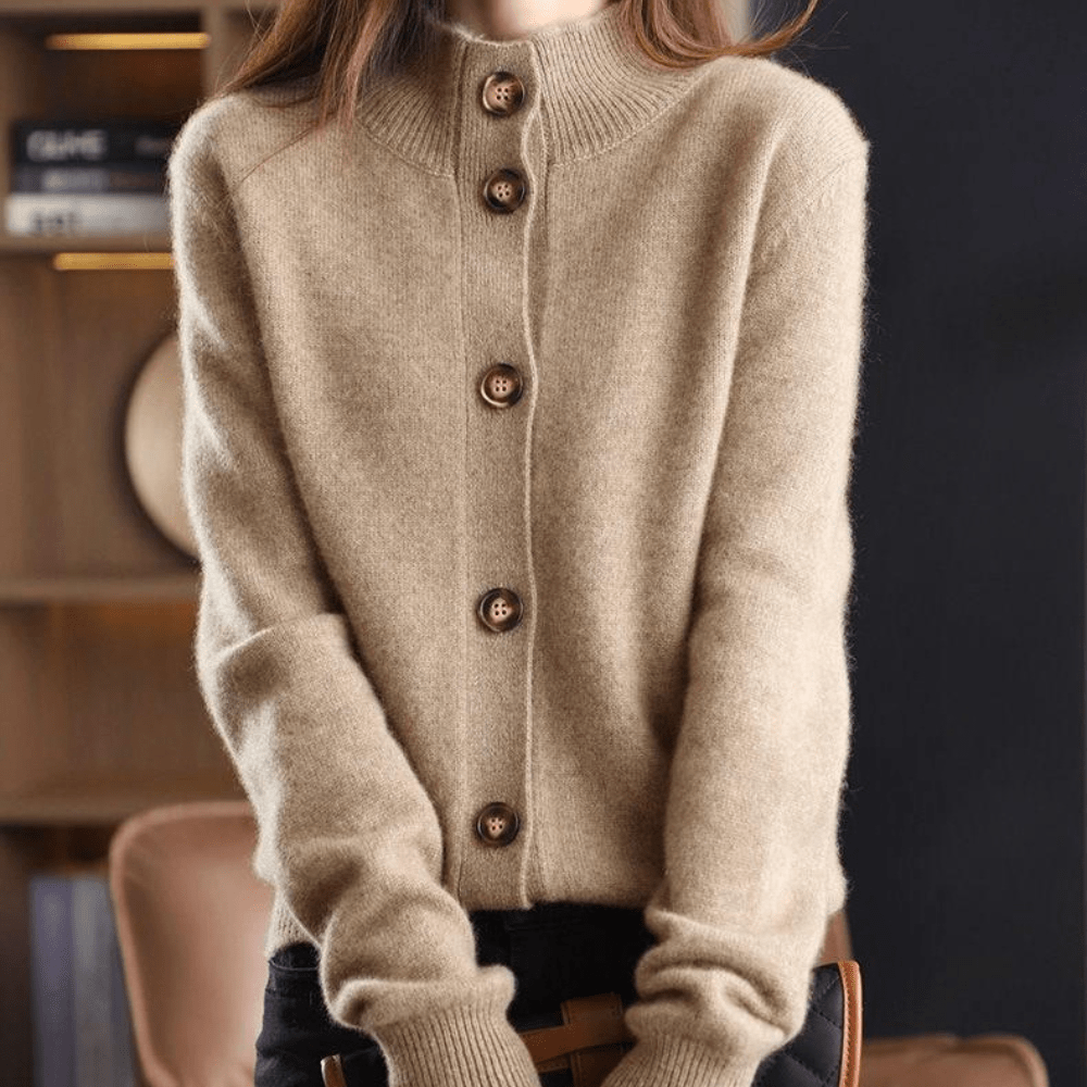 Women's Mock Neck Button Cardigan - Beige