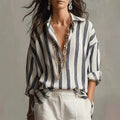 Women's Striped Collared Long Sleeve Blouse - Black