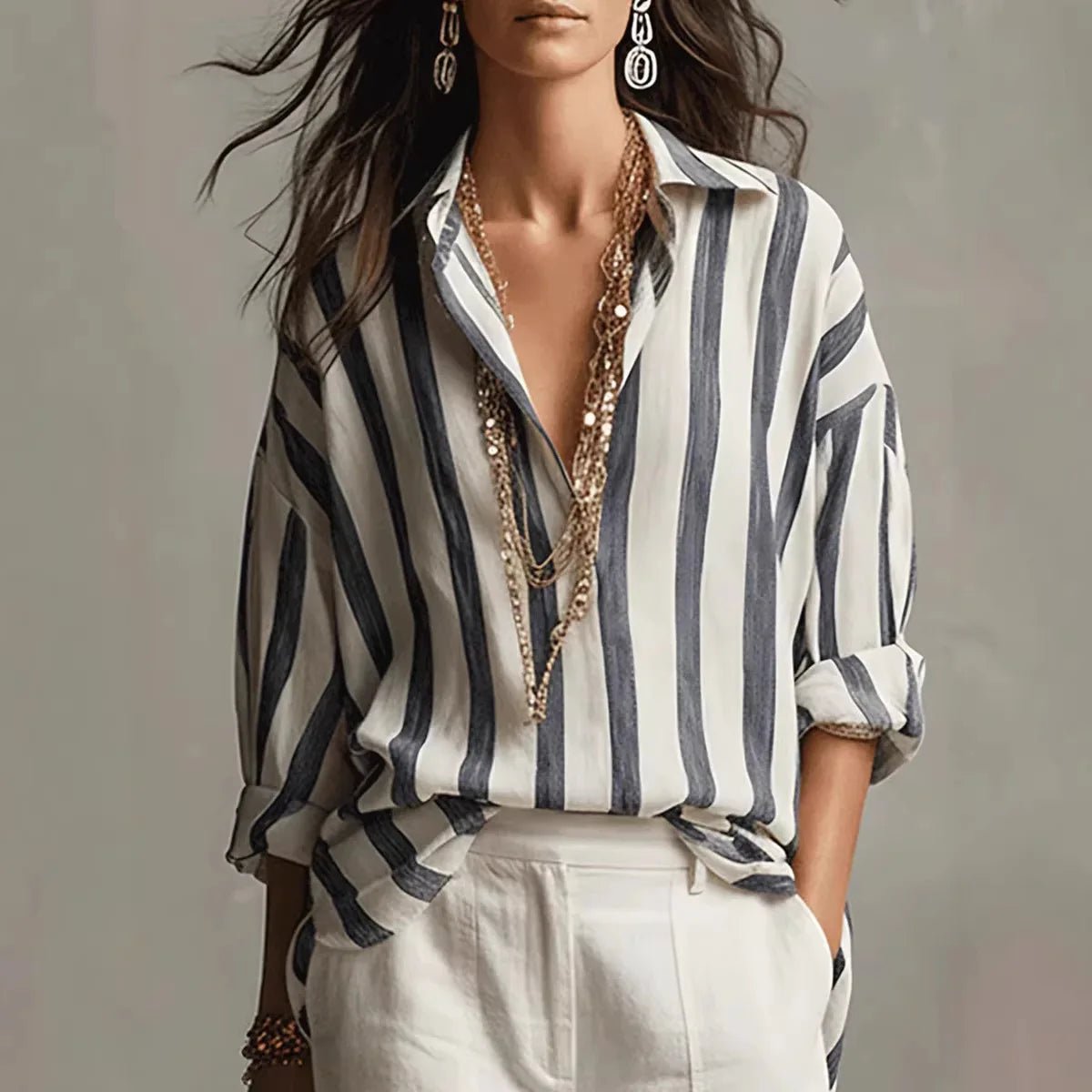 Women's Striped Collared Long Sleeve Blouse - Black