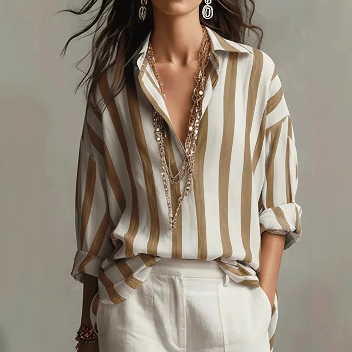 Women's Striped Collared Long Sleeve Blouse