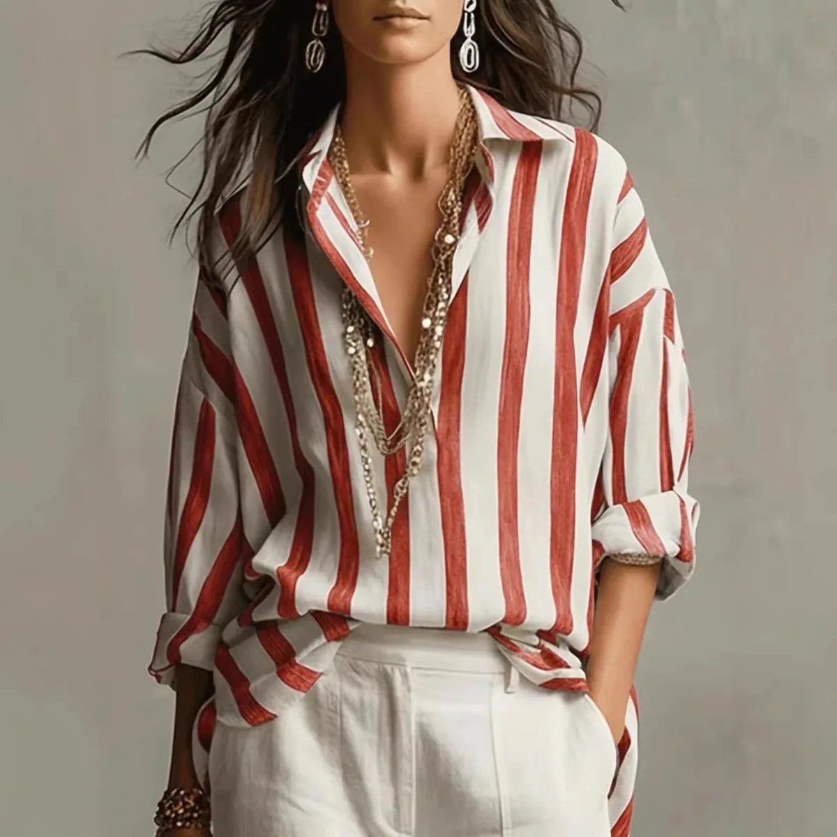 Women's Striped Collared Long Sleeve Blouse