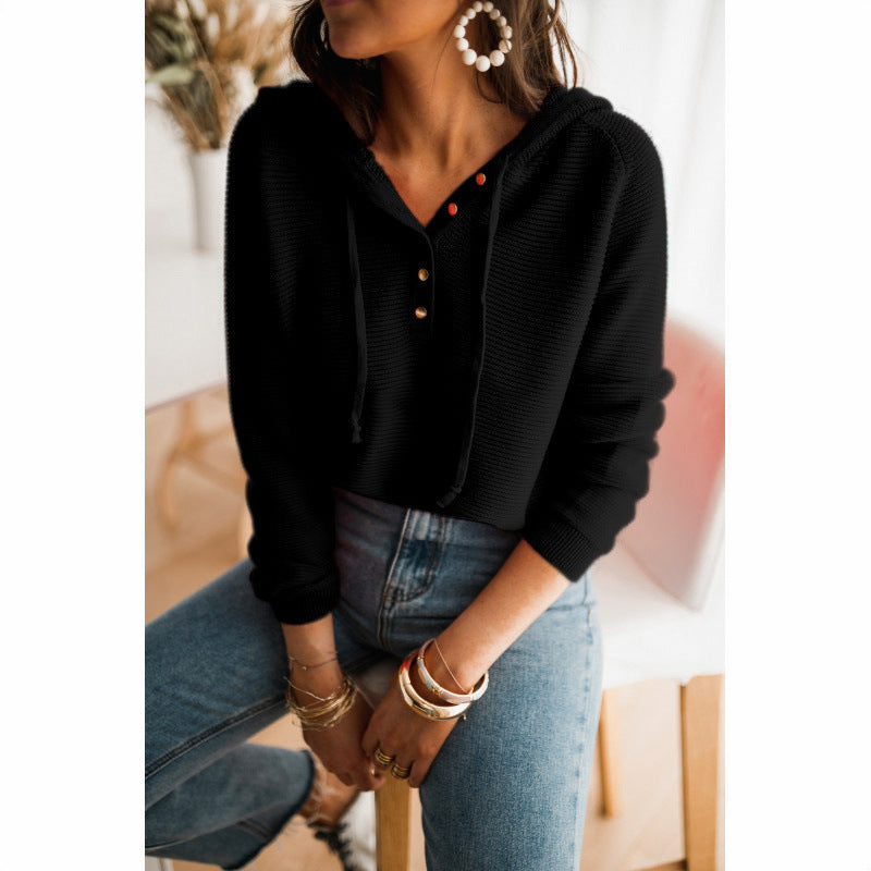 Women's Button Front V-Neck Long Sleeve Top - Black