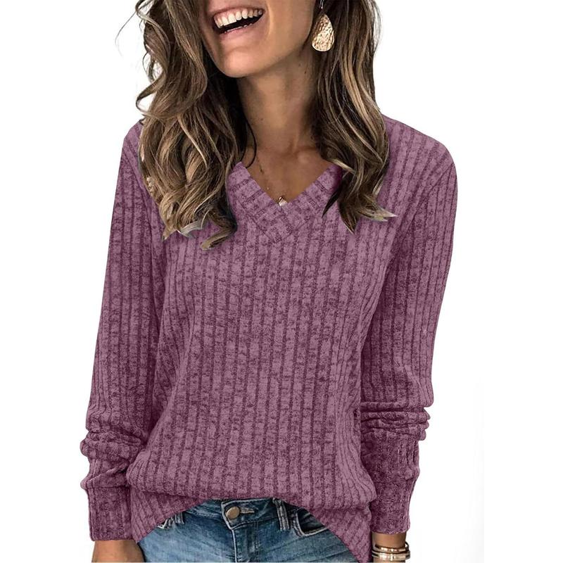 Women's V Neck Ribbed Oversized Sweater - Purple