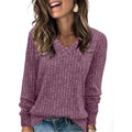 Women's V Neck Ribbed Oversized Sweater - Purple
