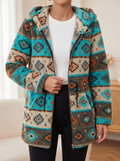 Hooded Aztec Sherpa Coat - Teal Aztec