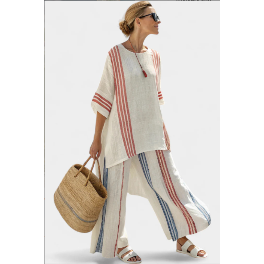 Women's Striped Relaxed Two-Piece Set - White