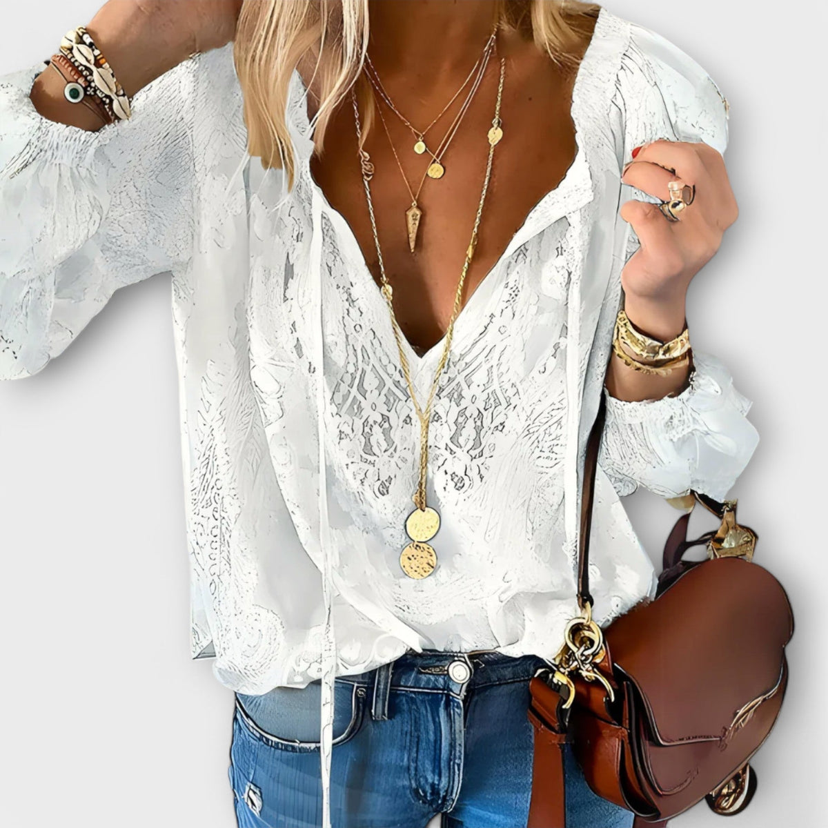 Women's V-Neck Long Sleeve Lace Blouse - White