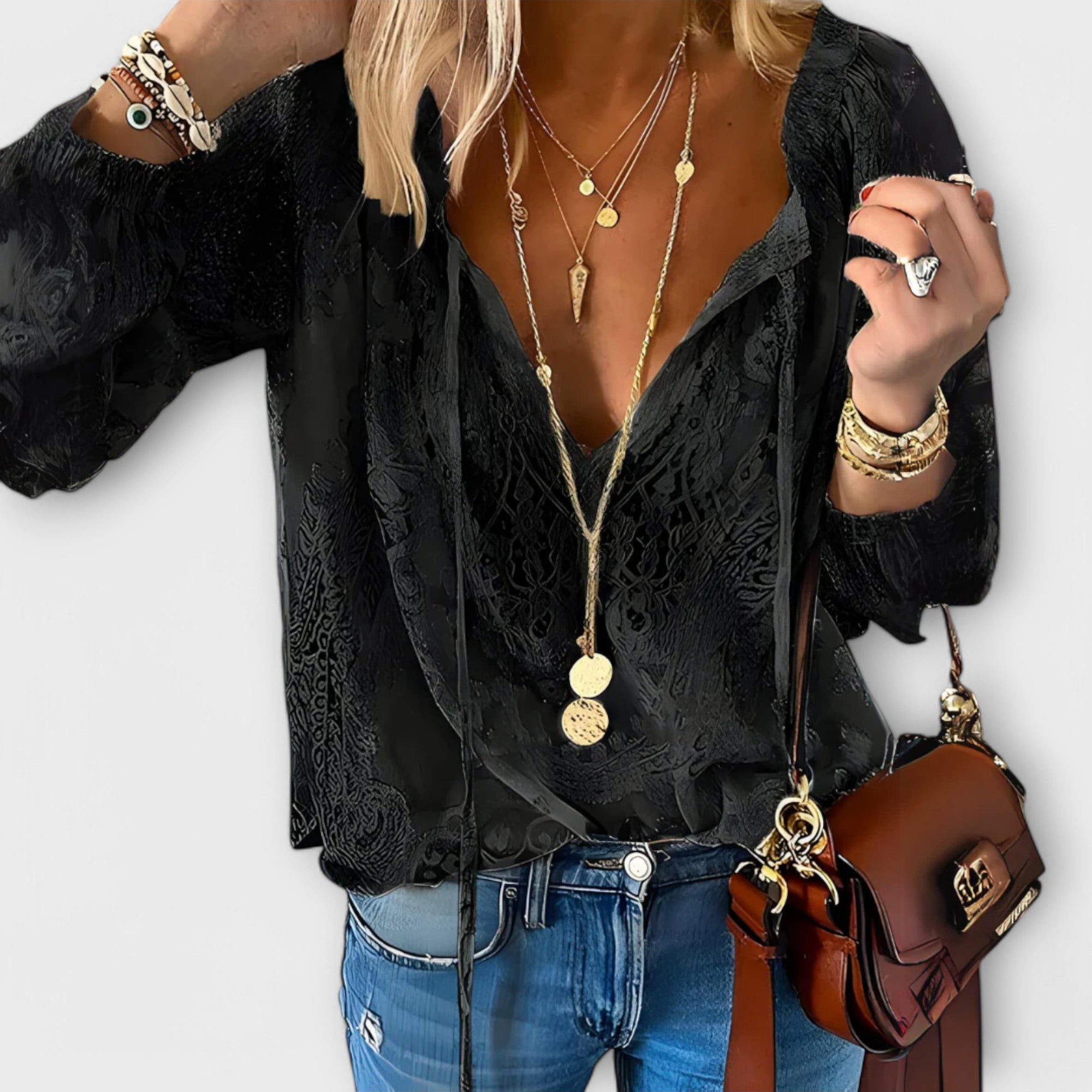 Women's V-Neck Long Sleeve Lace Blouse