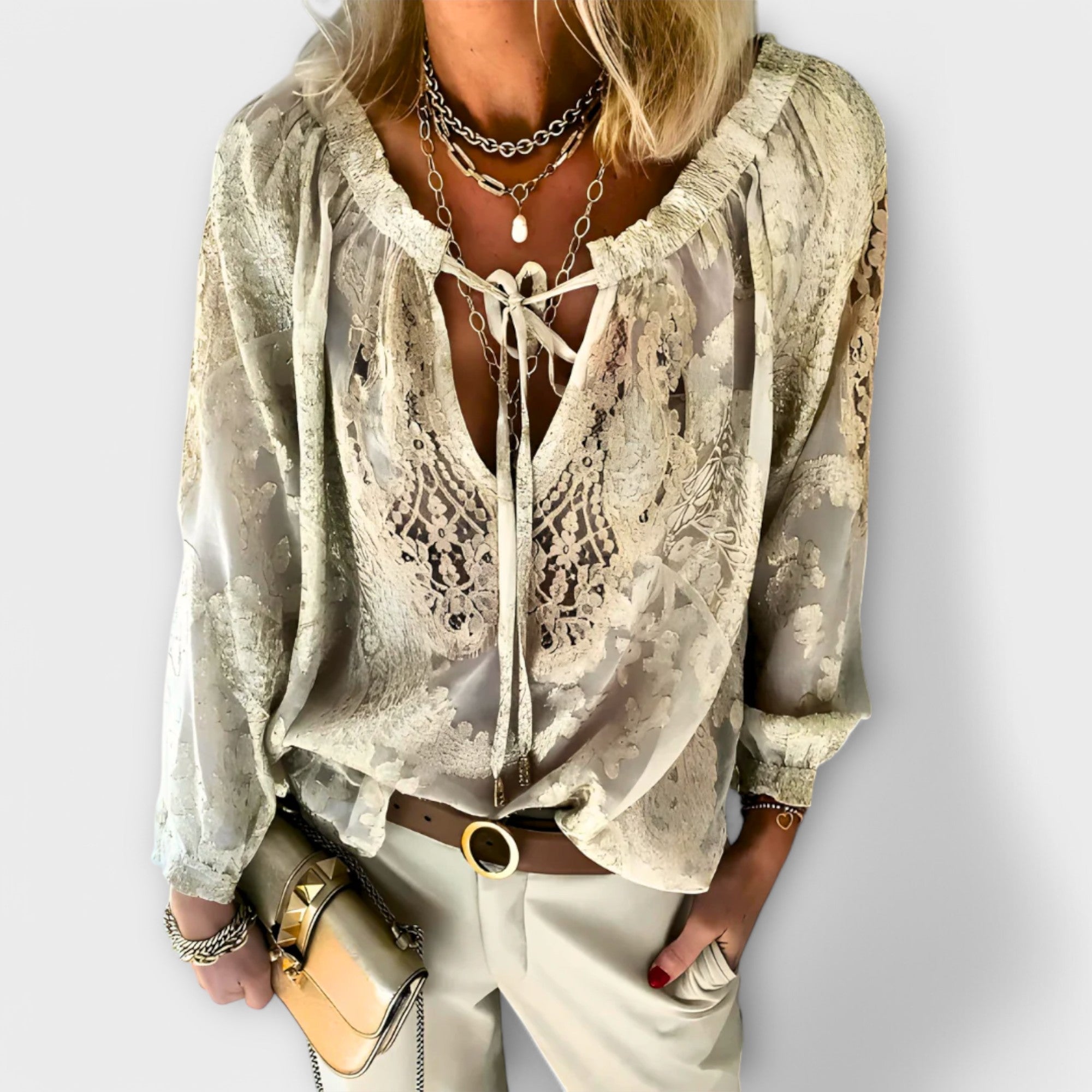 Women's V-Neck Long Sleeve Lace Blouse