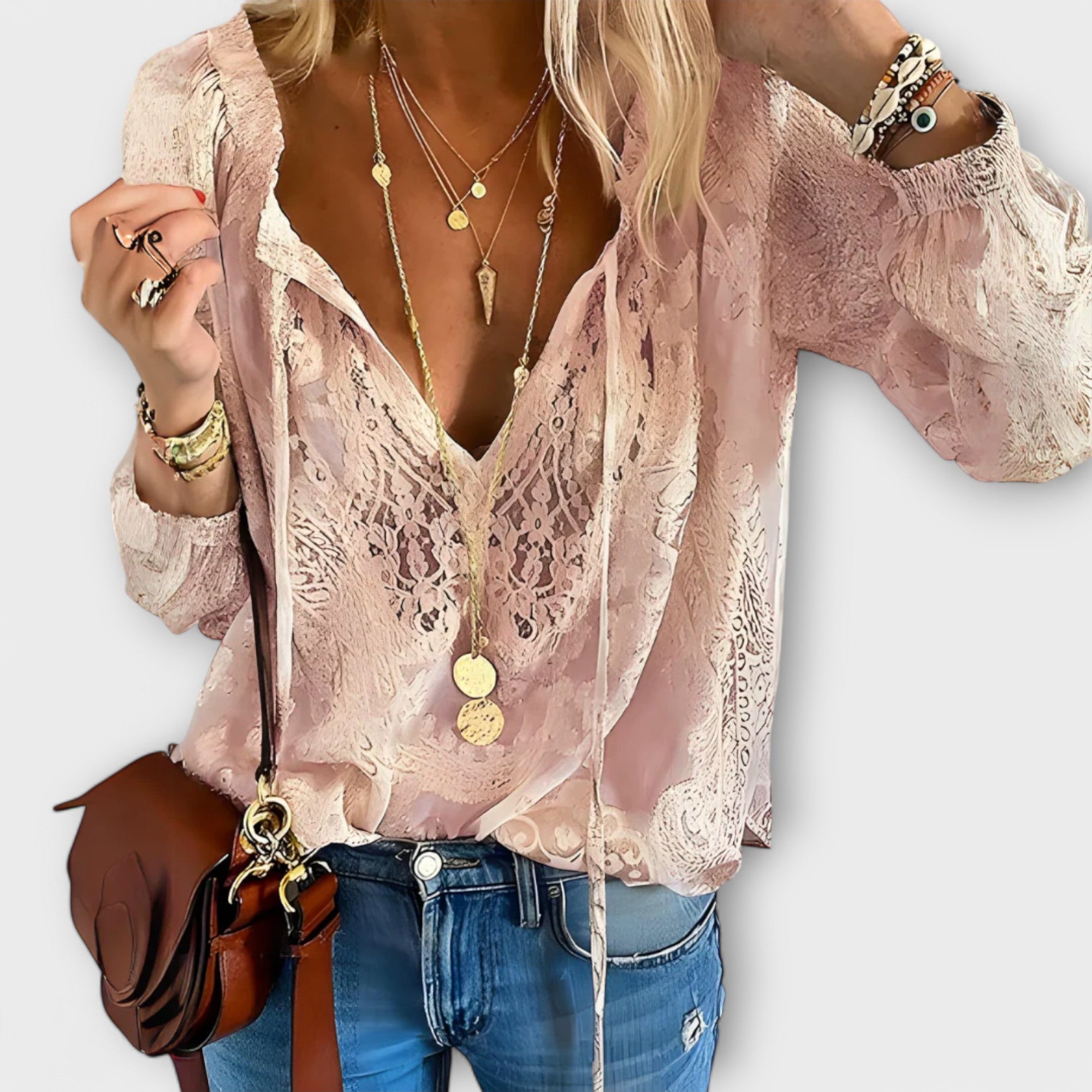 Women's V-Neck Long Sleeve Lace Blouse