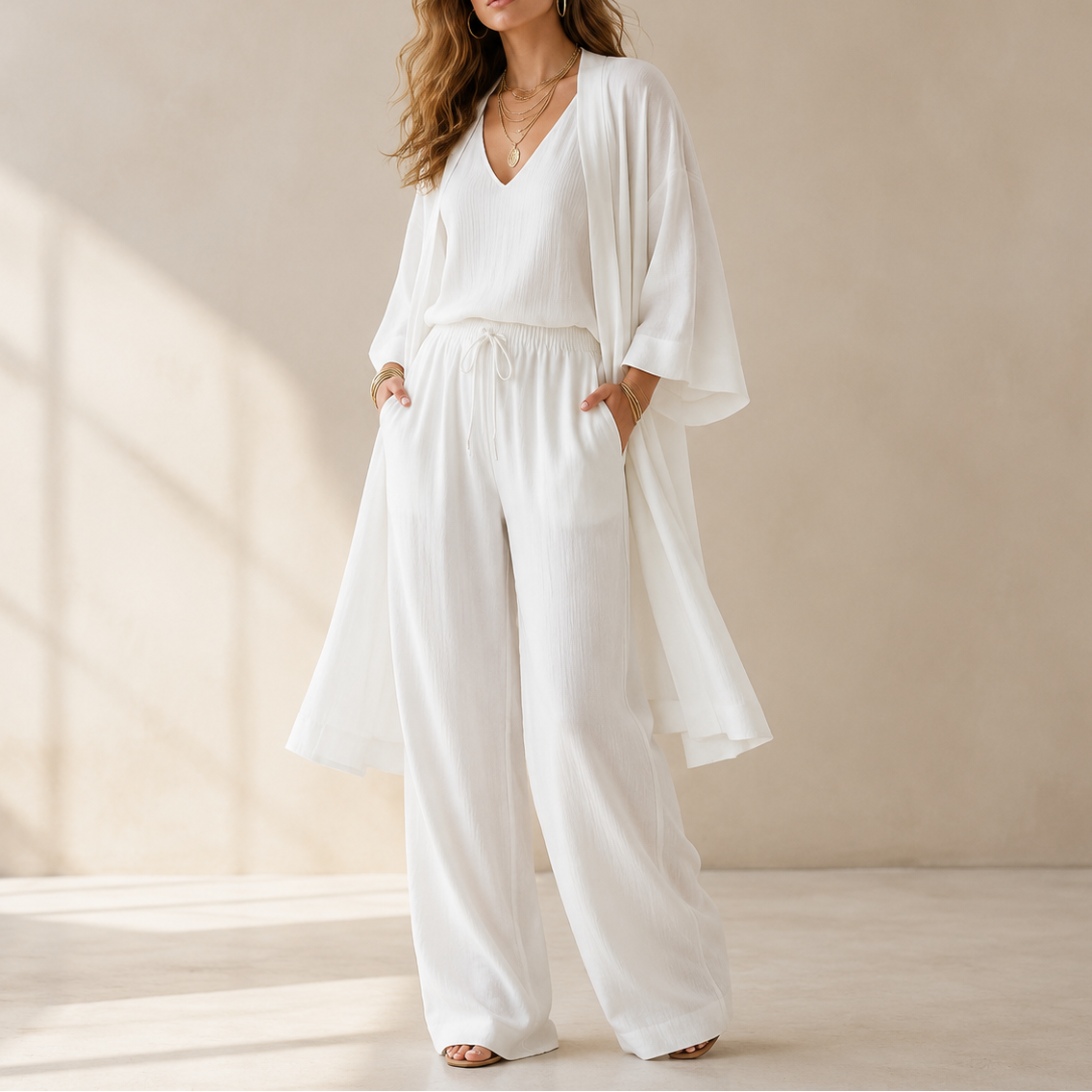 Women's 3-Piece Loungewear Set Wide Leg Pants - White