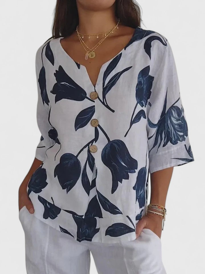 Women's Floral V-Neck 3/4 Sleeve Blouse - White