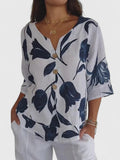 Women's Floral V-Neck 3/4 Sleeve Blouse - White