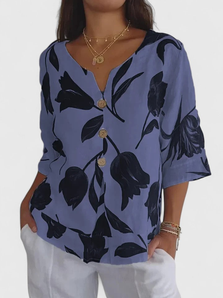 Women's Floral V-Neck 3/4 Sleeve Blouse