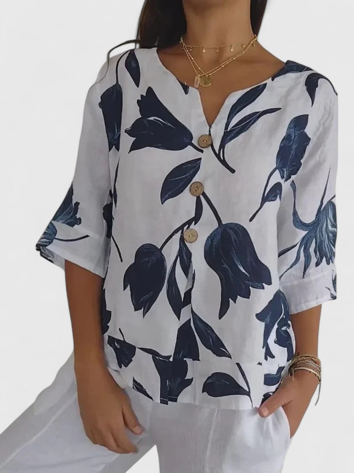 Women's Floral V-Neck 3/4 Sleeve Blouse