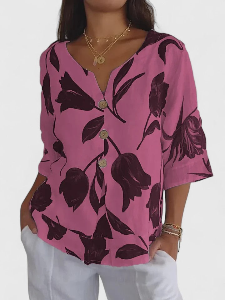 Women's Floral V-Neck 3/4 Sleeve Blouse