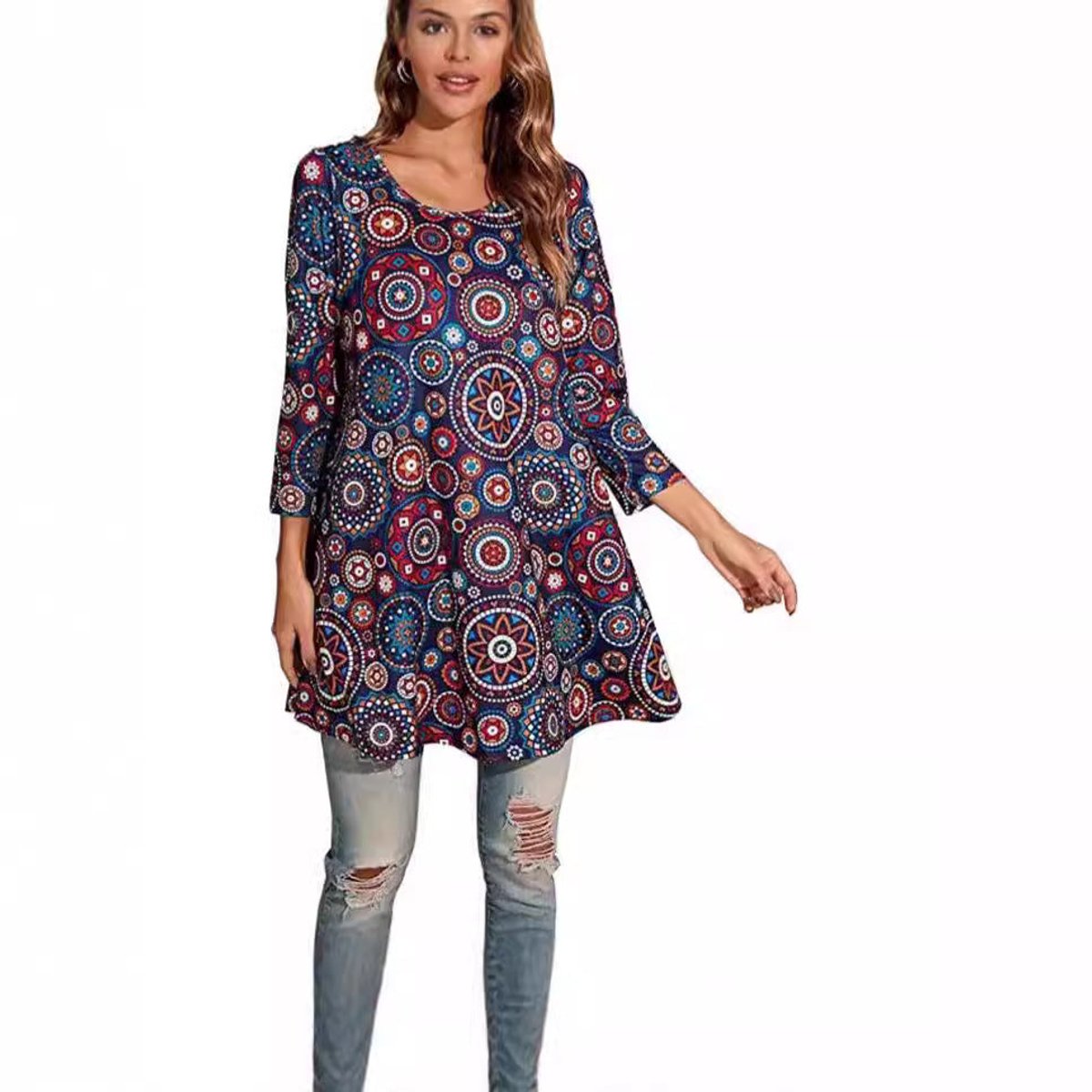 Women's Mandala Print 3/4 Sleeve Tunic Top - Grey