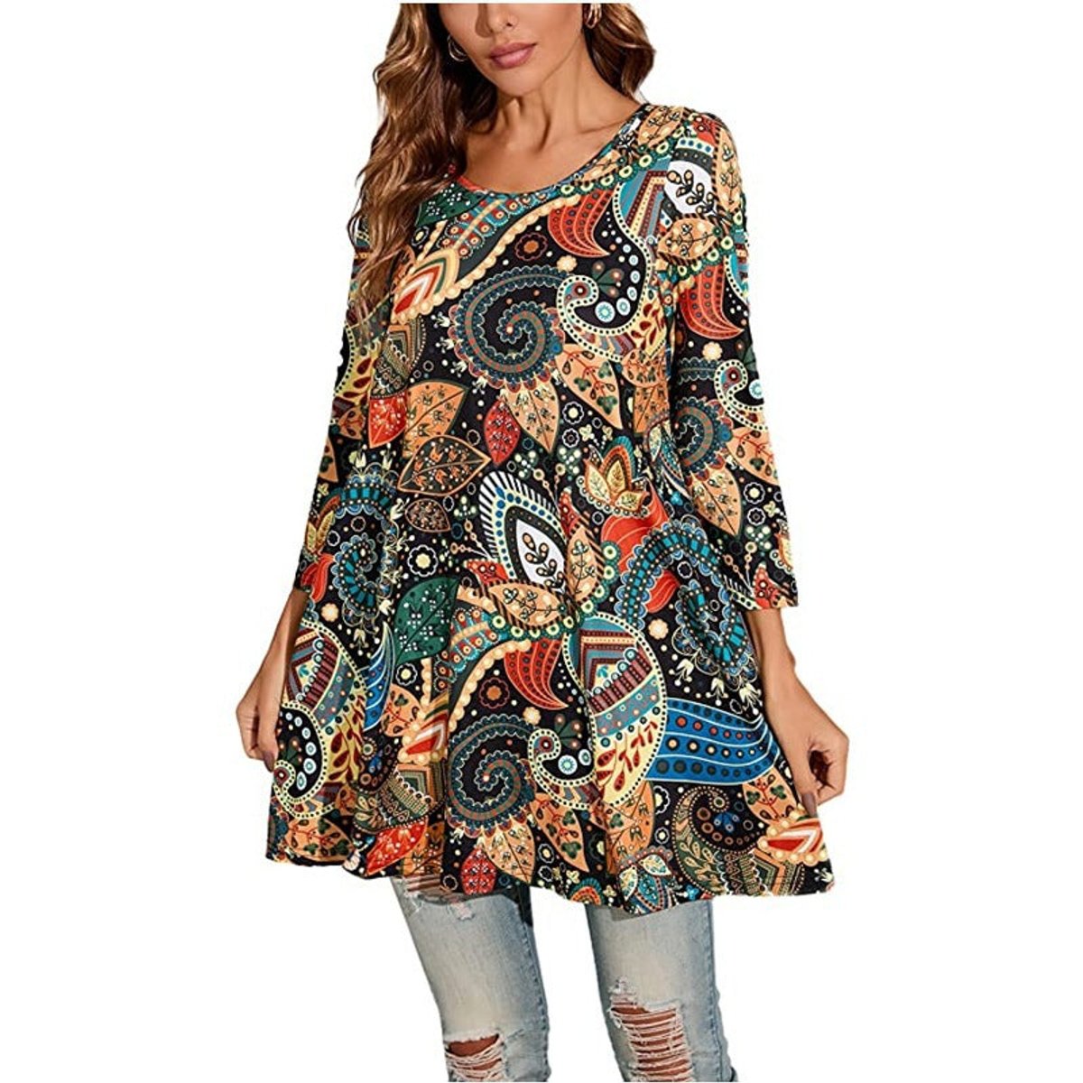 Women's Mandala Print 3/4 Sleeve Tunic Top