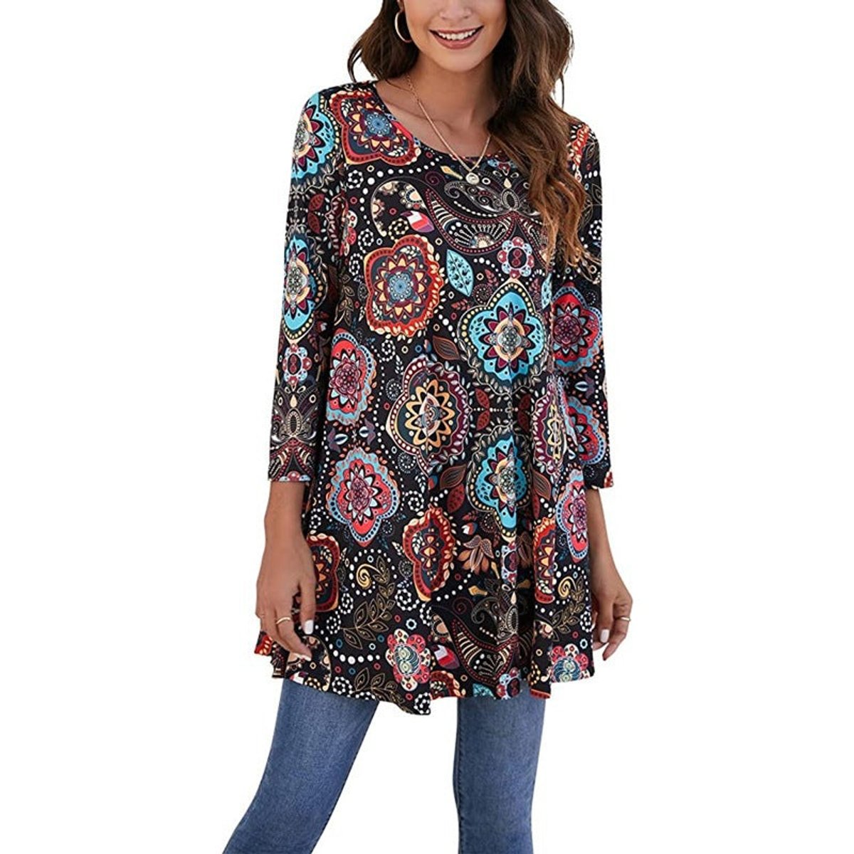 Women's Mandala Print 3/4 Sleeve Tunic Top