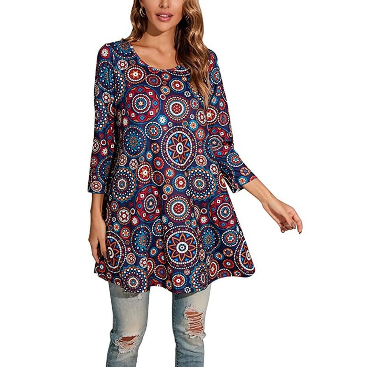 Women's Mandala Print 3/4 Sleeve Tunic Top