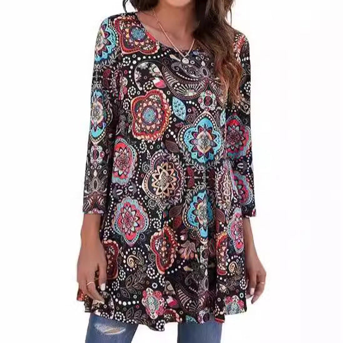 Women's Mandala Print 3/4 Sleeve Tunic Top