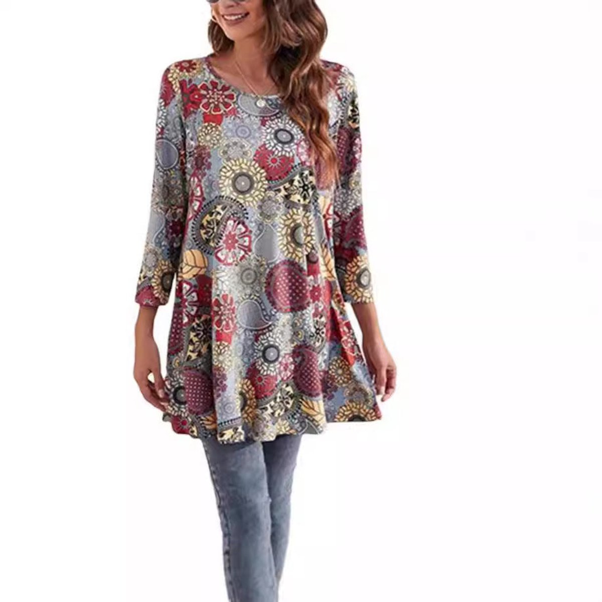 Women's Mandala Print 3/4 Sleeve Tunic Top