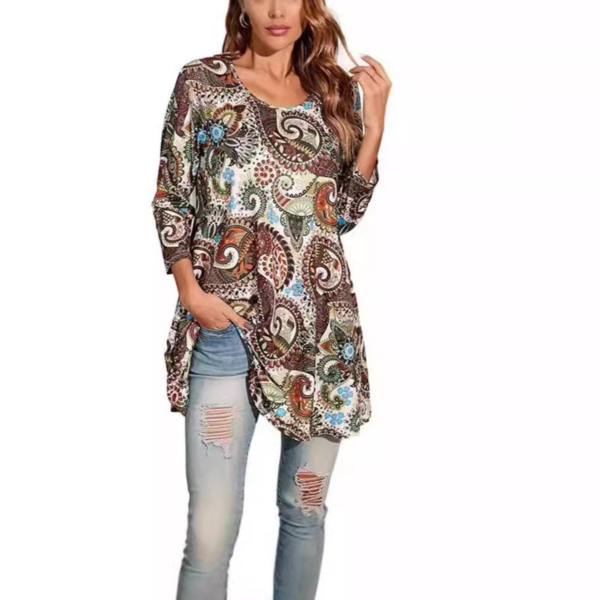 Women's Mandala Print 3/4 Sleeve Tunic Top