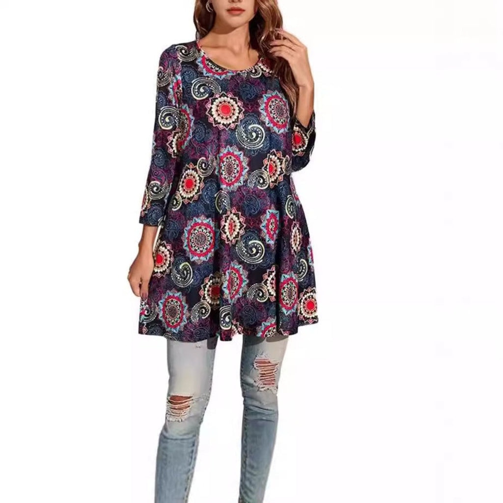 Women's Mandala Print 3/4 Sleeve Tunic Top