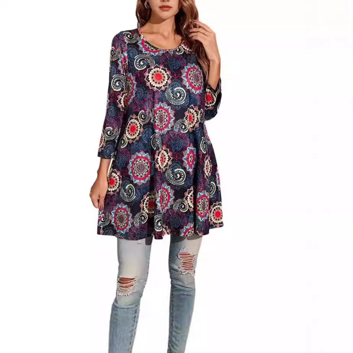 Women's Mandala Print 3/4 Sleeve Tunic Top