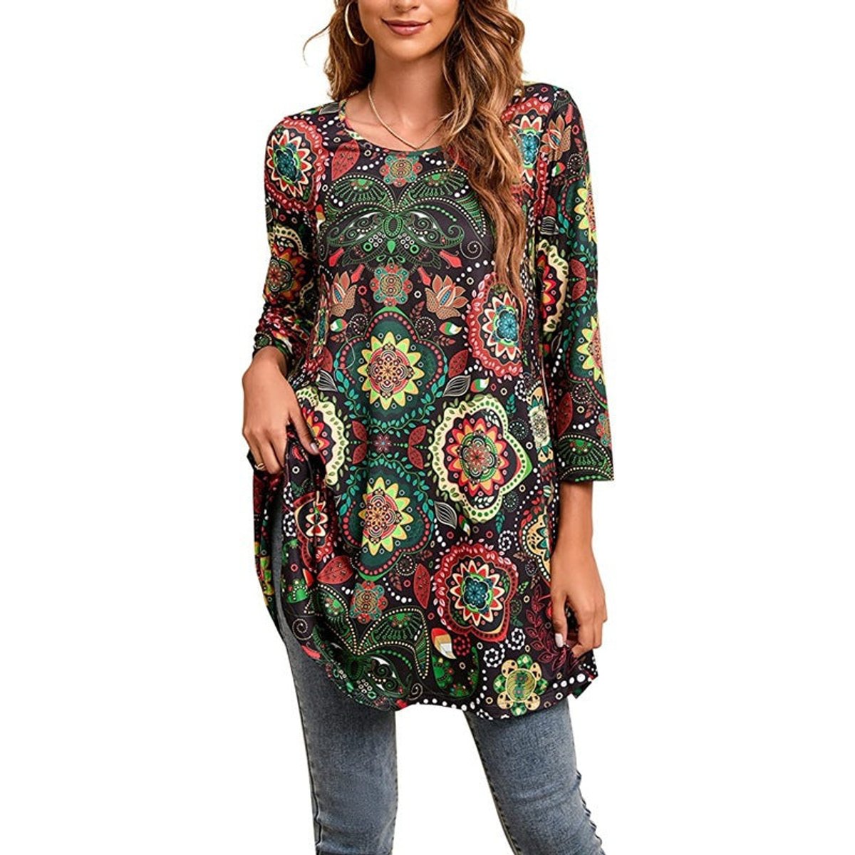 Women's Mandala Print 3/4 Sleeve Tunic Top