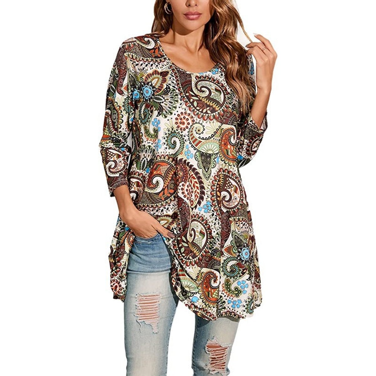 Women's Mandala Print 3/4 Sleeve Tunic Top