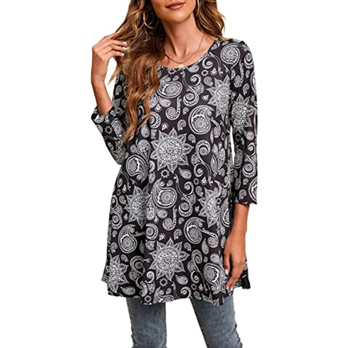 Women's Mandala Print 3/4 Sleeve Tunic Top