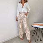 Women's Printed Wide Leg Pants Two-Piece Set - Khaki