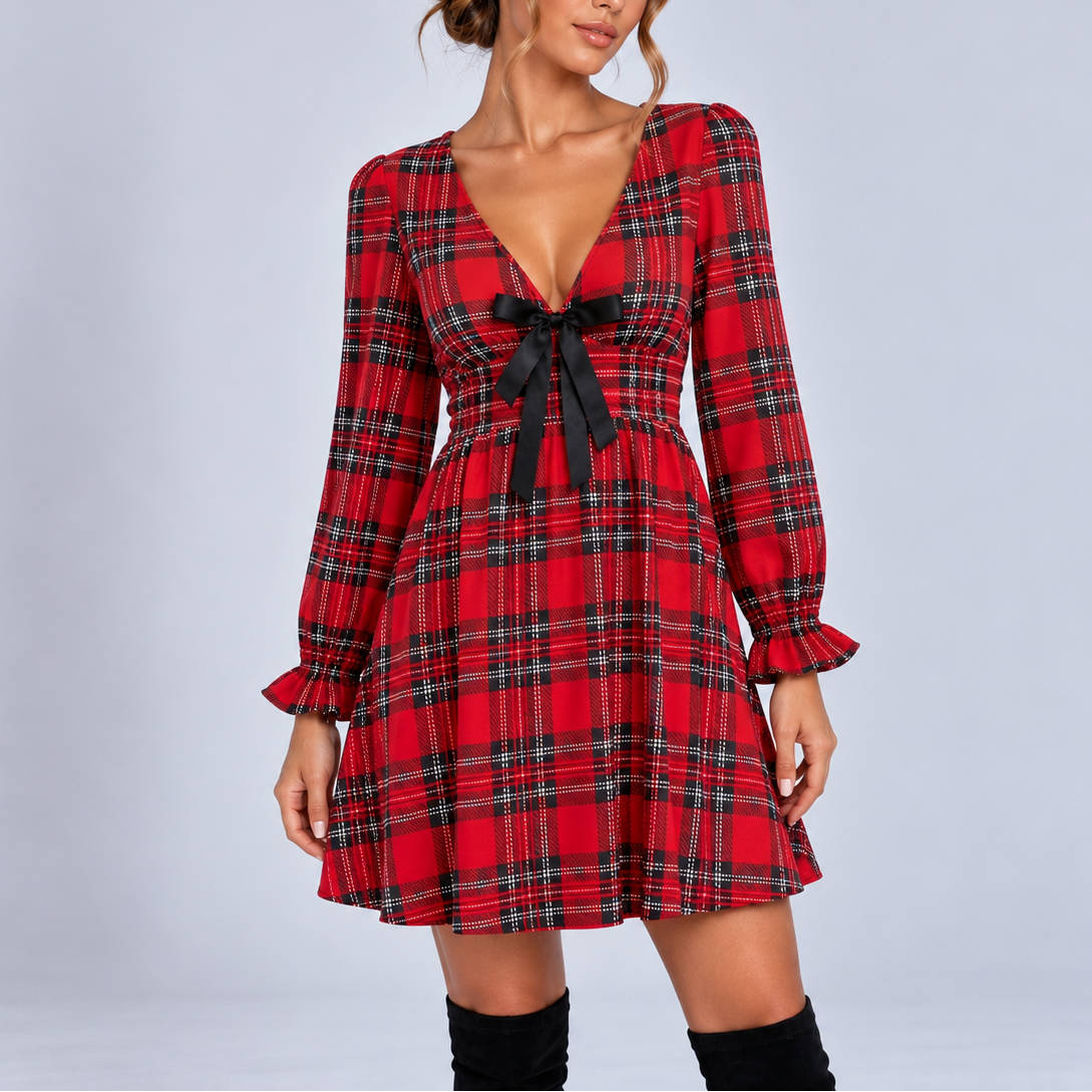 Tilly | Plaid V-Neck Bow Christmas Mini Dress