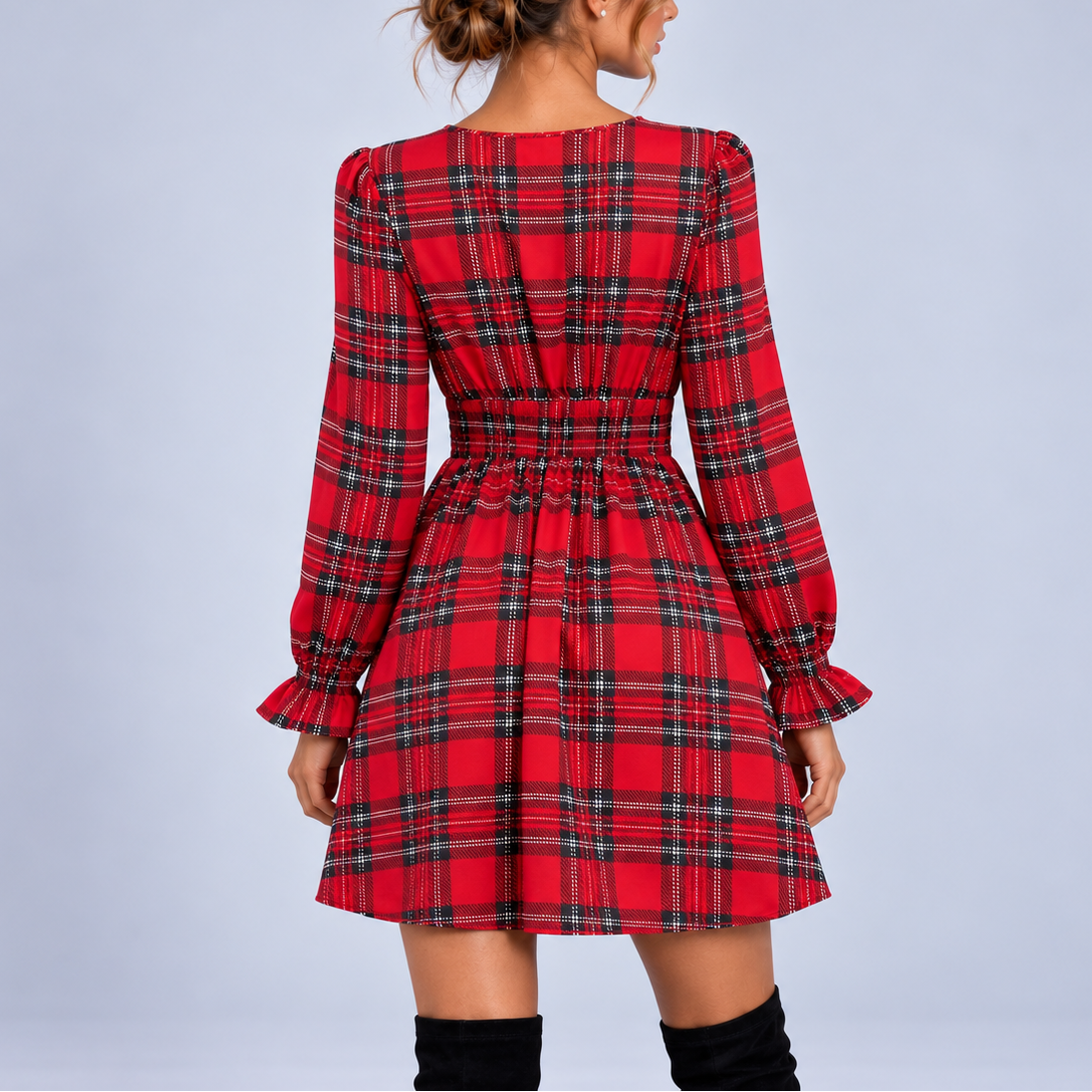 Tilly | Plaid V-Neck Bow Christmas Mini Dress