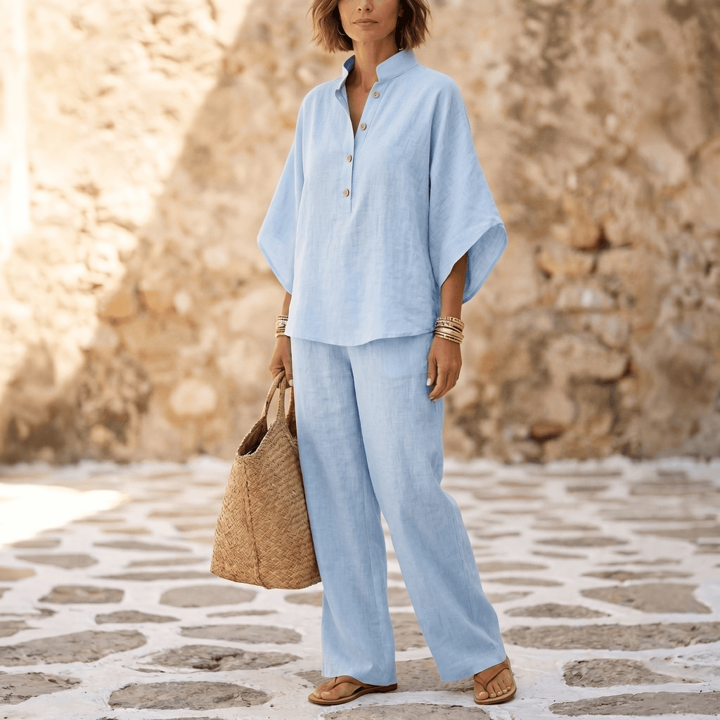 Women's Linen Two-Piece Set Wide Leg Pants - Light Blue