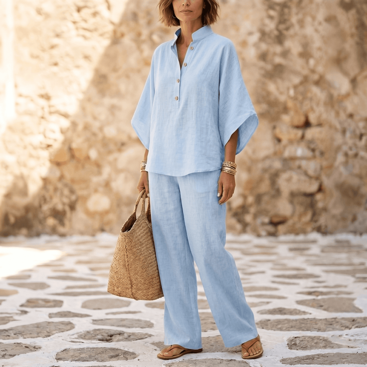 Women's Linen Two-Piece Set Wide Leg Pants - Light Blue