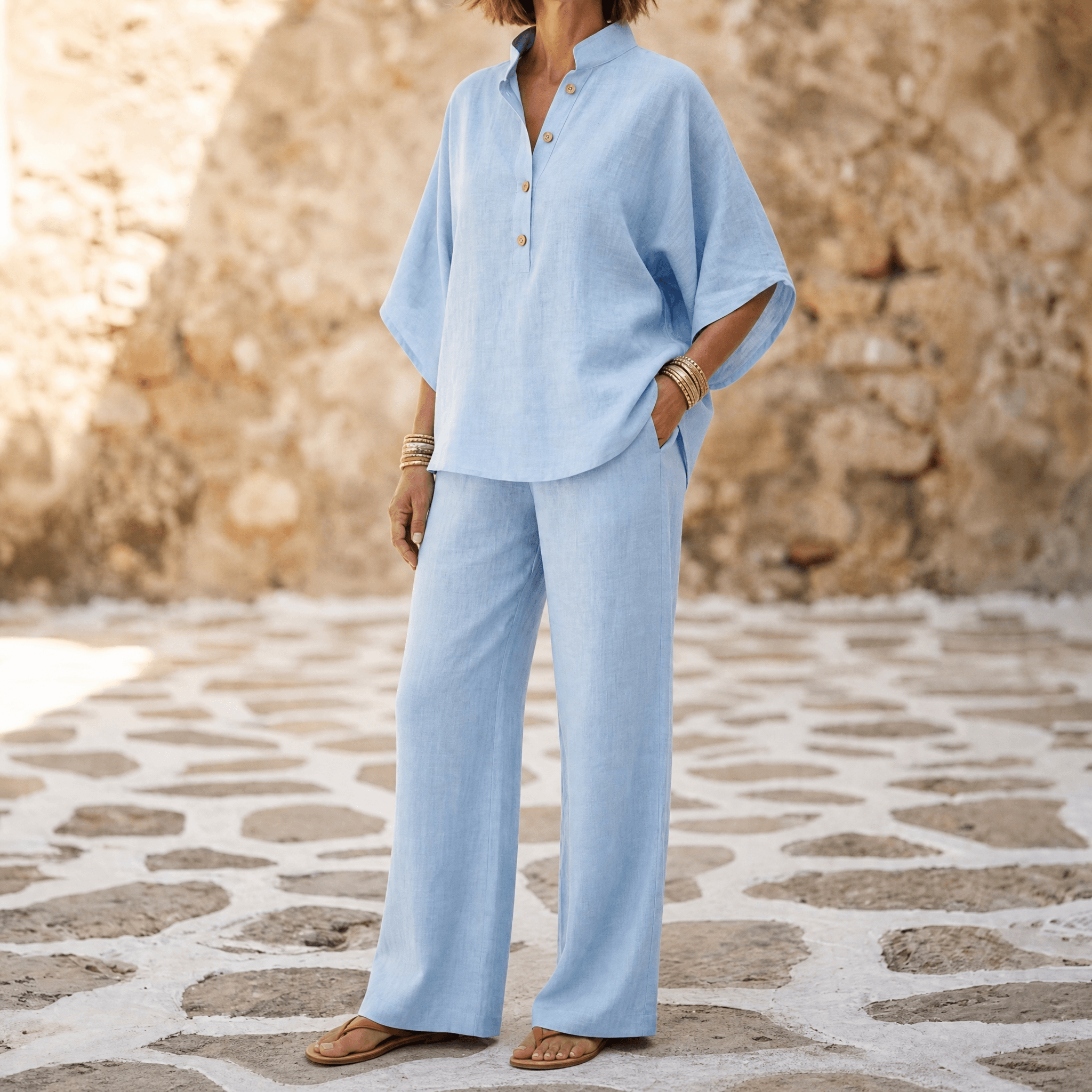 Women's Linen Two-Piece Set Wide Leg Pants
