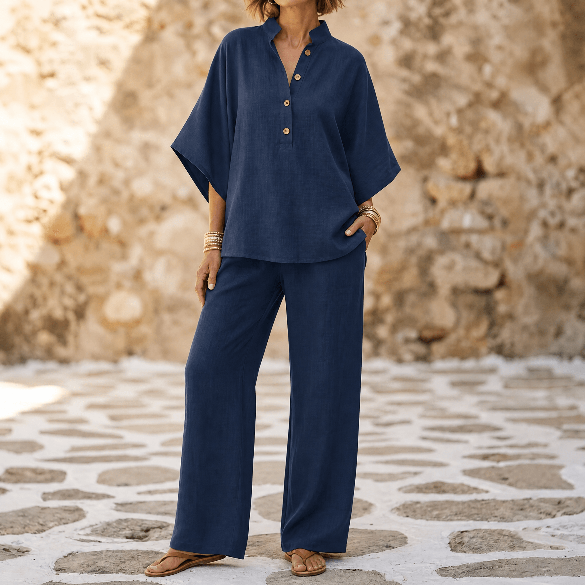Women's Linen Two-Piece Set Wide Leg Pants