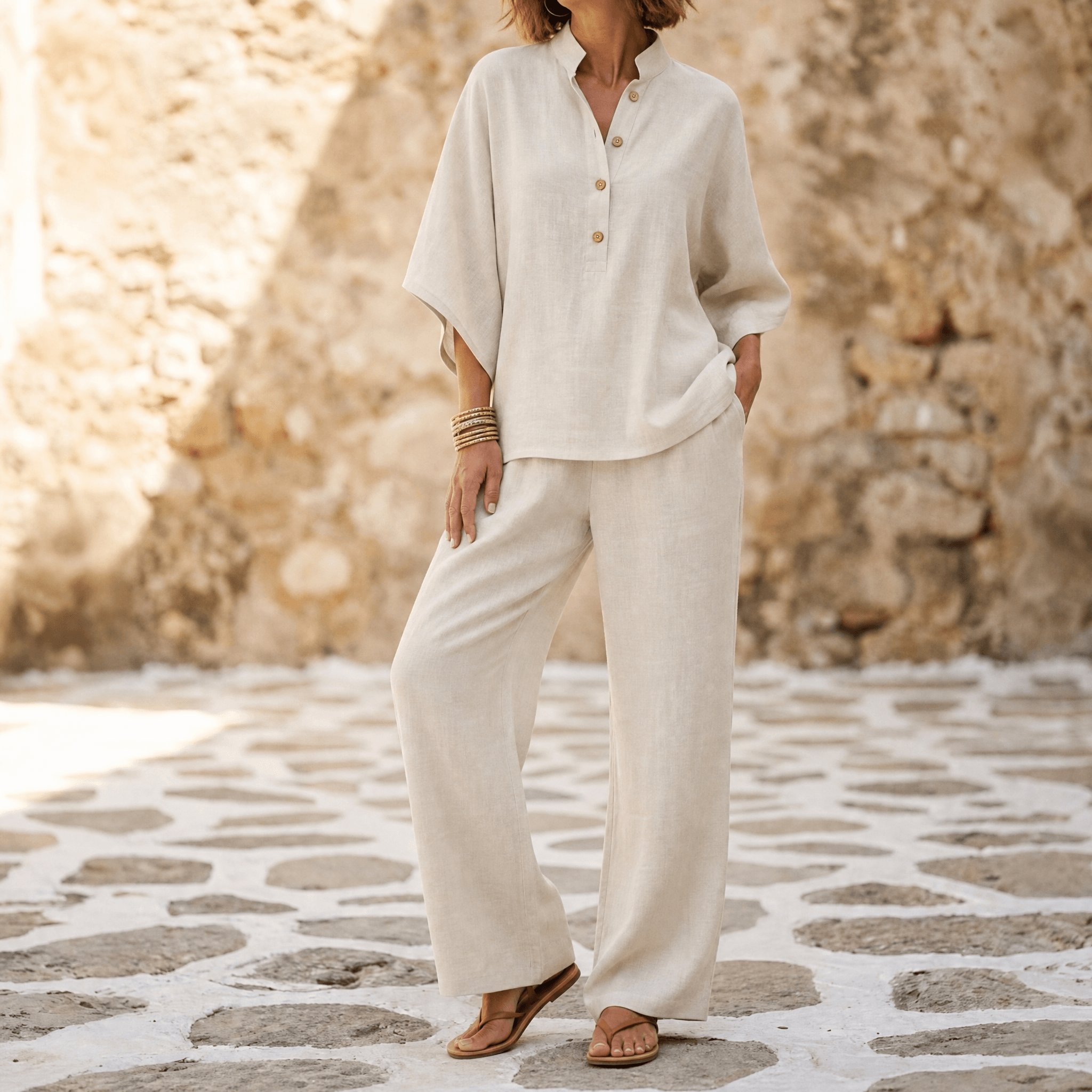 Women's Linen Two-Piece Set Wide Leg Pants