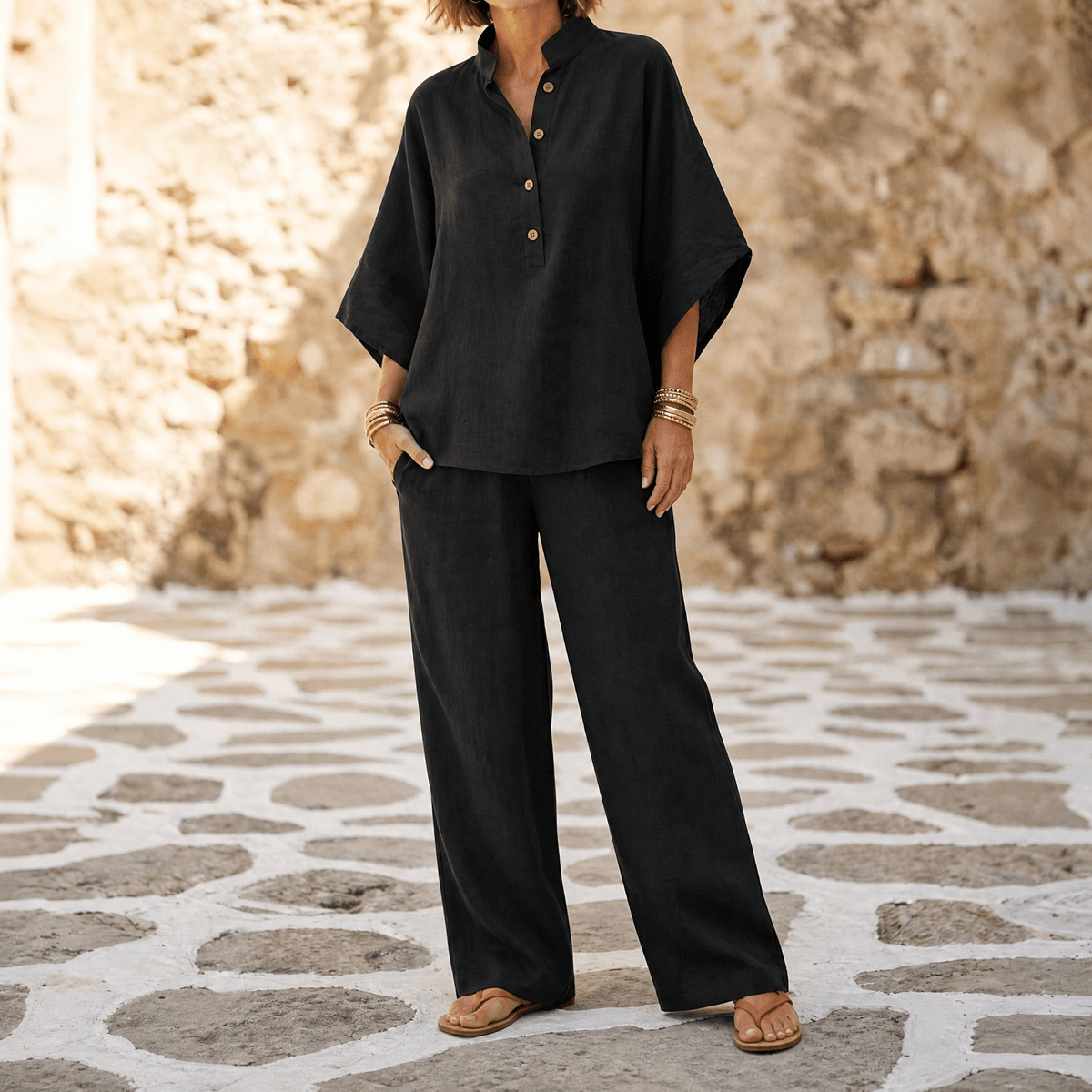 Women's Linen Two-Piece Set Wide Leg Pants