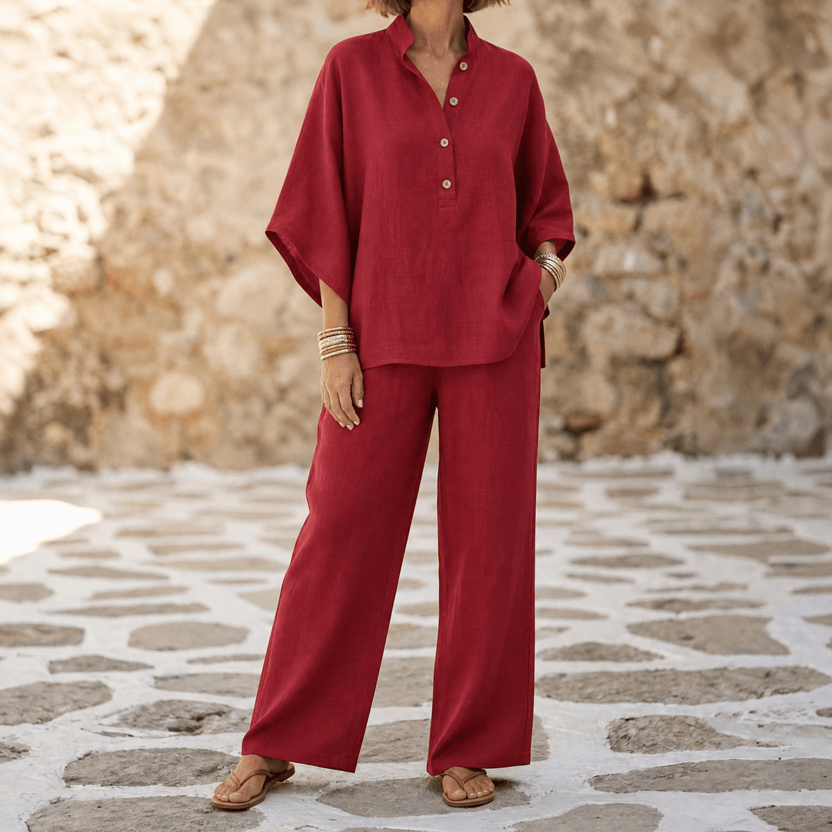 Women's Linen Two-Piece Set Wide Leg Pants
