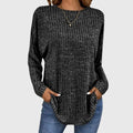 Women's Round Neck Long Sleeve Textured Knit Top - Black