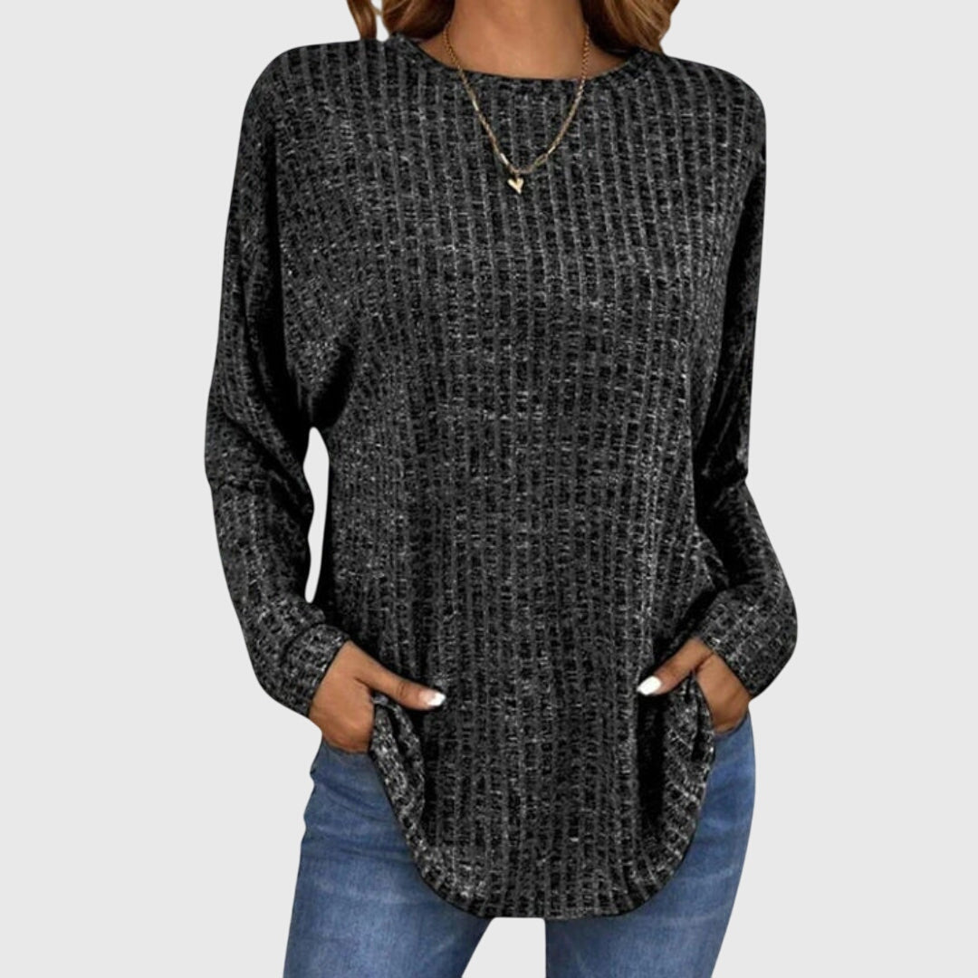Women's Round Neck Long Sleeve Textured Knit Top - Black