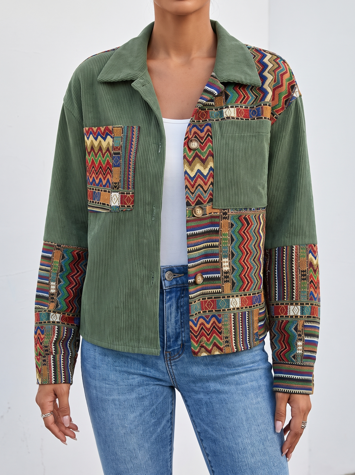 Patchwork Corduroy Jacket - Olive Patchwork